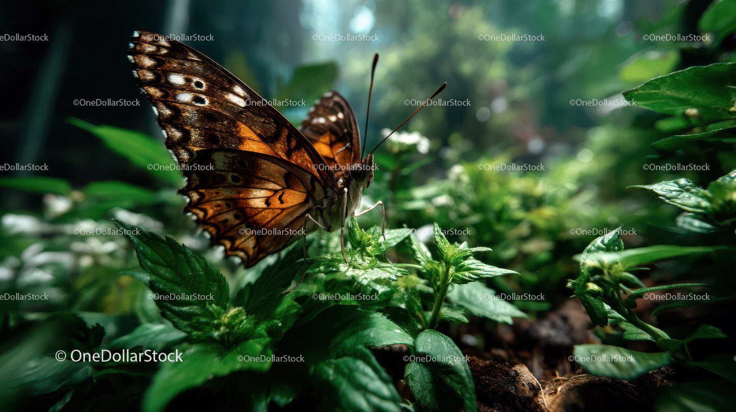 Colorful Butterfly Resting on Green Leaf Amidst Lush Foliage