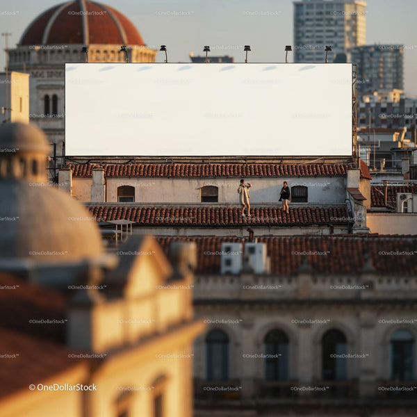 Couple enjoying urban rooftop beneath large blank billboard JPG Mockup Image