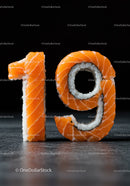 Sushi Rolls Forming Number Nineteen on Dark Surface