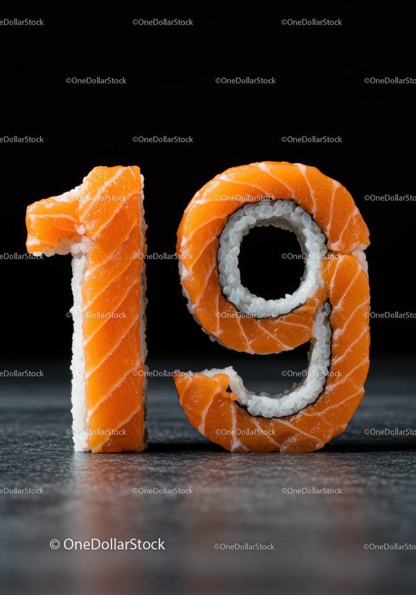 Sushi Rolls Forming Number Nineteen on Dark Surface