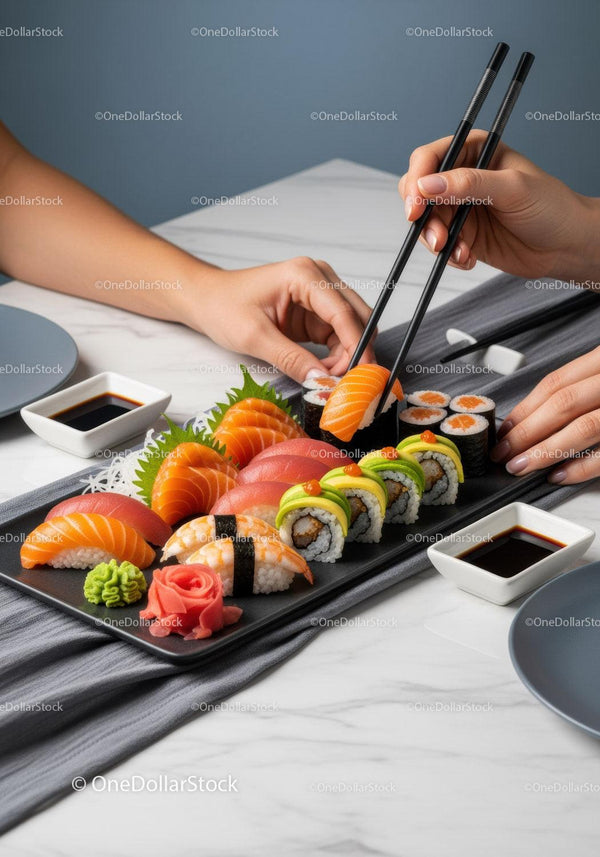 Fresh Sushi Platter with Assorted Rolls and Sashimi for Fine Dining