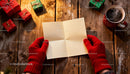 Hands in Red Gloves Holding Blank Card with Gifts JPG Mockup Image preview