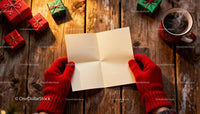 Hands in Red Gloves Holding Blank Card with Gifts JPG Mockup Image preview