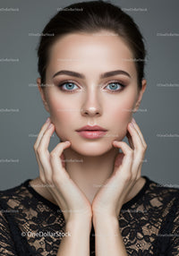 Close-Up Portrait of Woman with Blue Eyes and Elegant Makeup