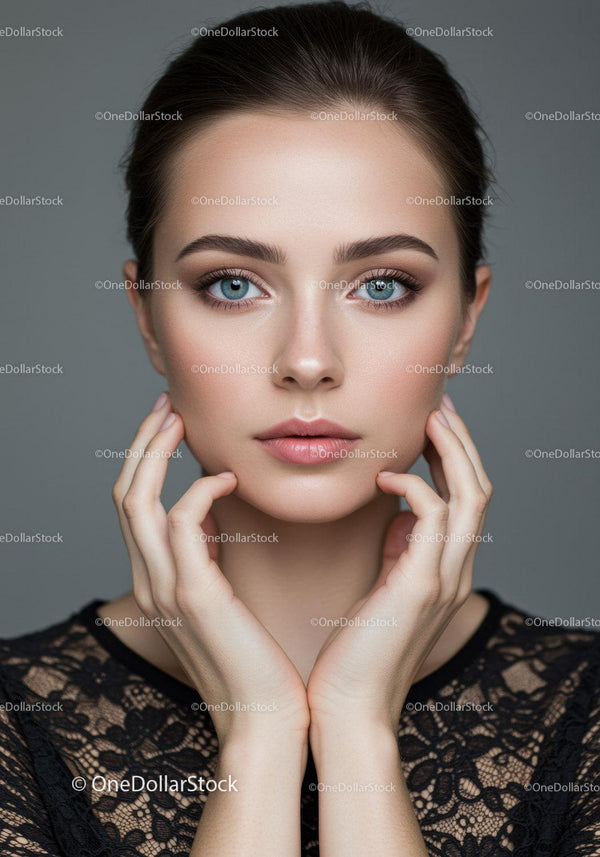 Close-Up Portrait of Woman with Blue Eyes and Elegant Makeup