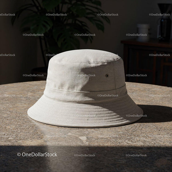 Neutral beige bucket hat on textured stone table JPG Mockup Image