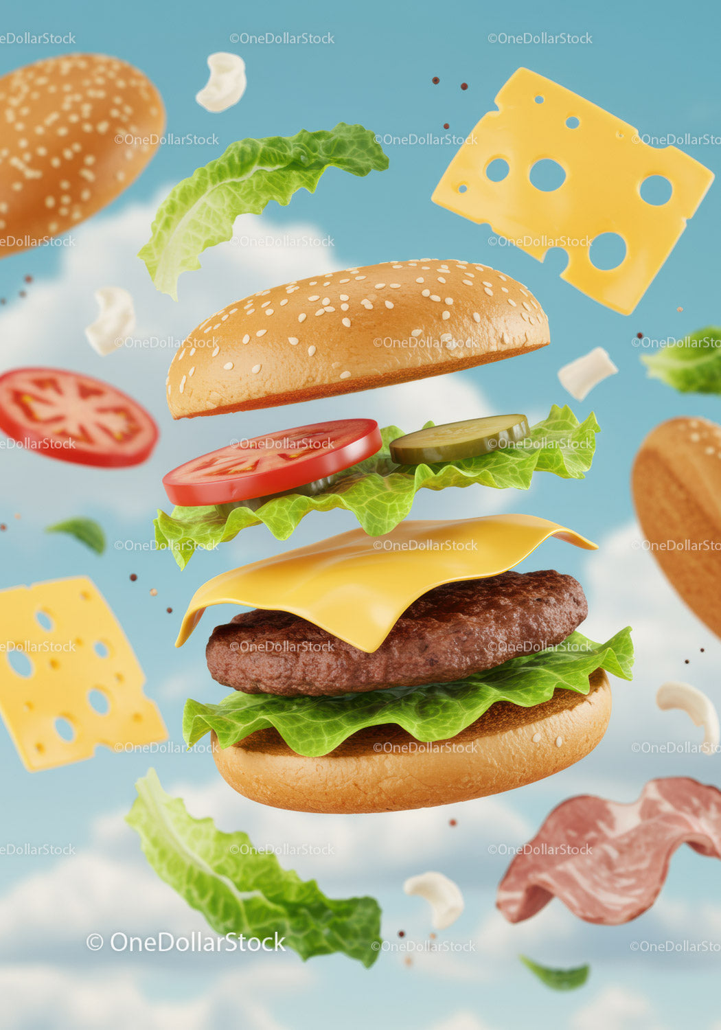 Floating Cheeseburger Ingredients Against Blue Sky