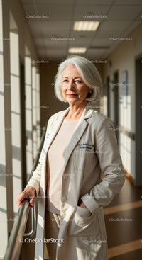 Elegant Senior Woman Doctor in Hospital Corridor with Confident Pose