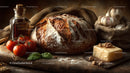 Rustic Sourdough Bread with Tomatoes Garlic and Cheese on Wooden Board