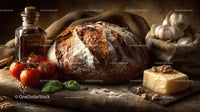Rustic Sourdough Bread with Tomatoes Garlic and Cheese on Wooden Board