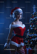 Woman in festive Santa outfit near decorated Christmas tree