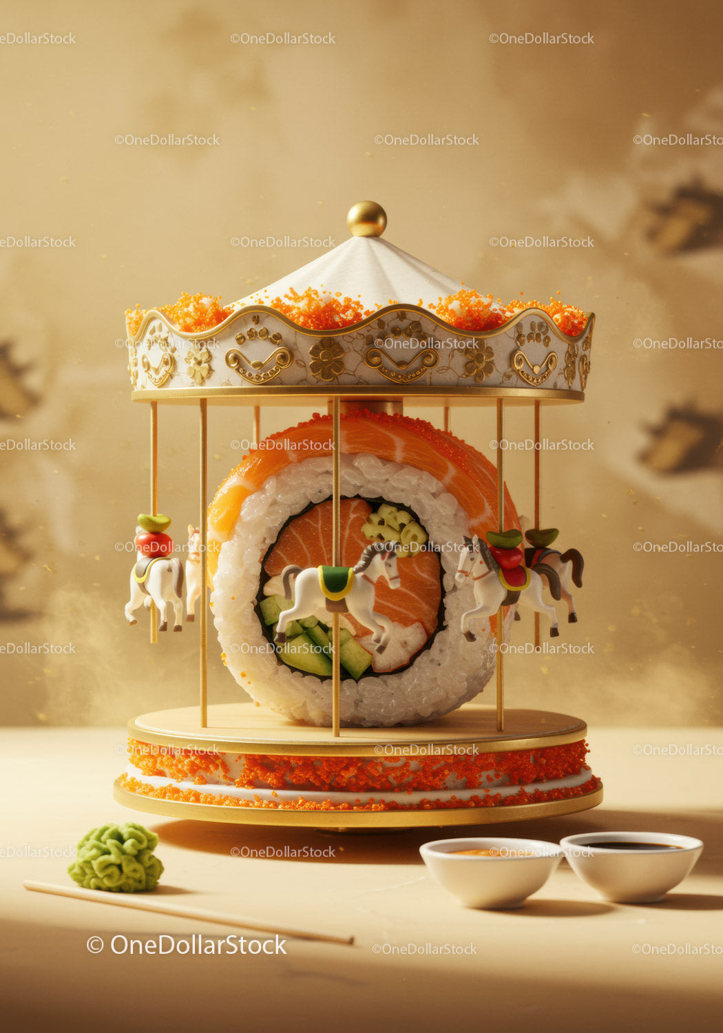 Creative sushi roll shaped as carousel with horses