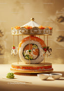 Creative sushi roll shaped as carousel with horses