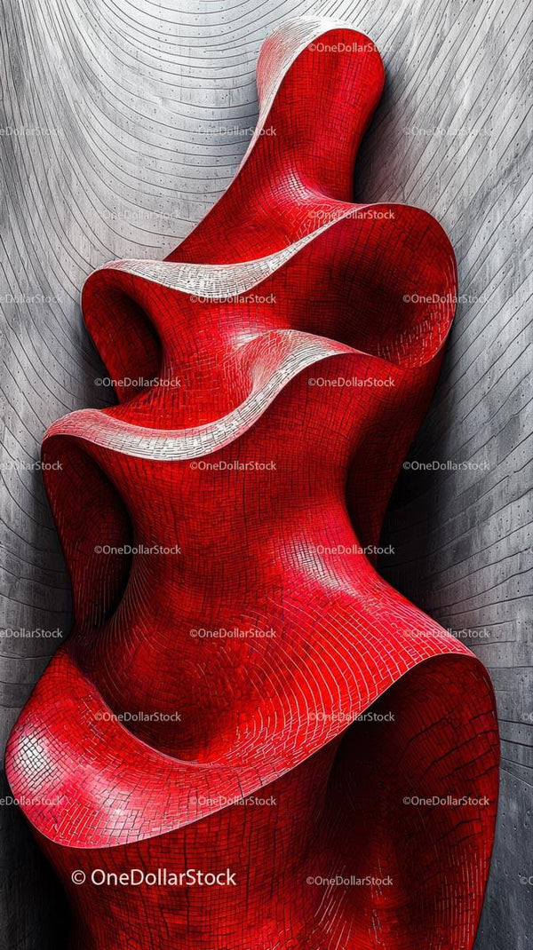 Abstract Red Sculpture with Flowing Organic Shapes in Modern Architecture