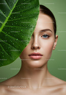 Beautiful Woman with Flawless Skin and Green Leaf Close-up