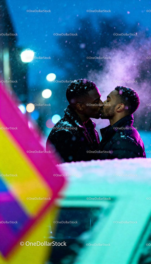 Winter kiss between two men with LGBTQ flag in city