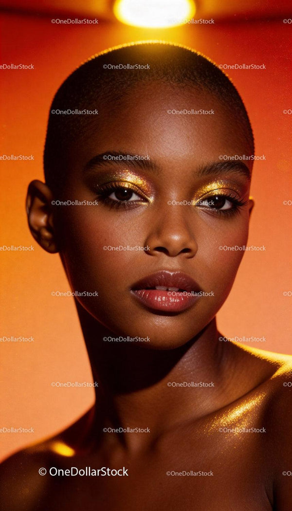 Close up of woman with golden shimmer makeup and glowing skin