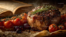 Juicy grilled steak with cherry tomatoes and herbs in rustic style