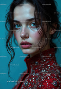 Elegant Woman with Blue Eyes and Sparkling Red Dress for Fashion