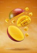 Fresh mango slices and cubes floating on orange background