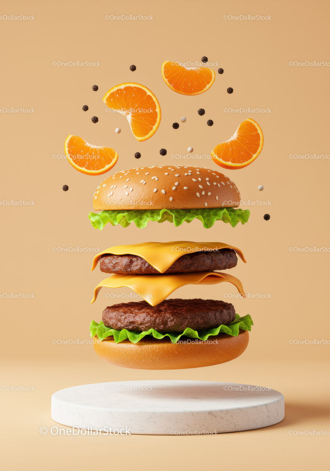 Cheeseburger z sałatą i plasterkami cytrusów unoszący się w powietrzu