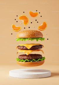 Cheeseburger with lettuce and citrus slices levitating