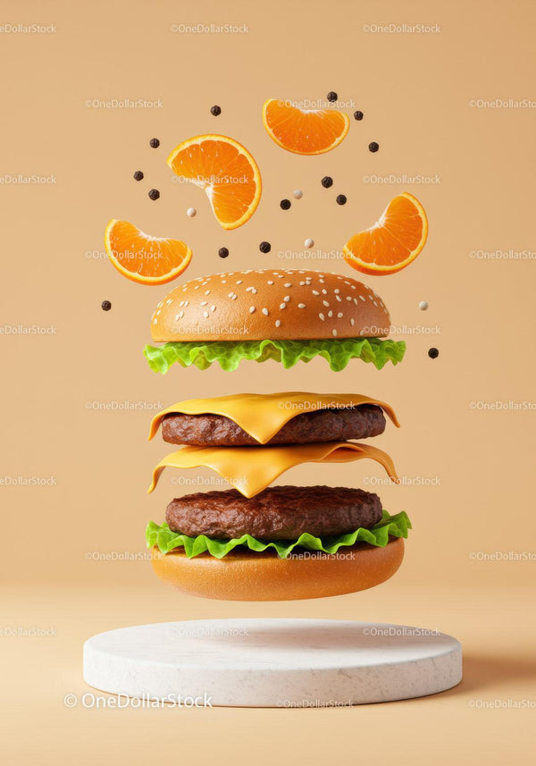 Cheeseburger with lettuce and citrus slices levitating