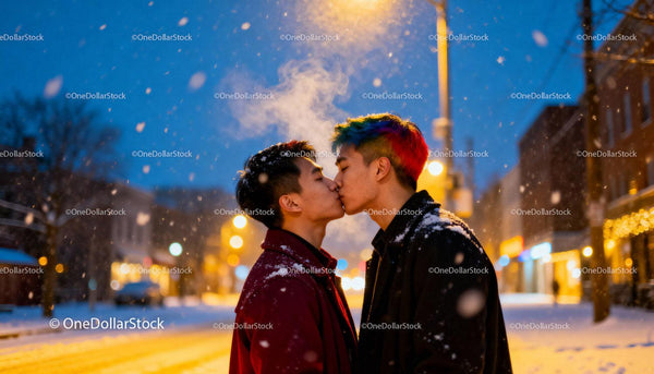 LGBTQ couple sharing a tender winter kiss outdoors