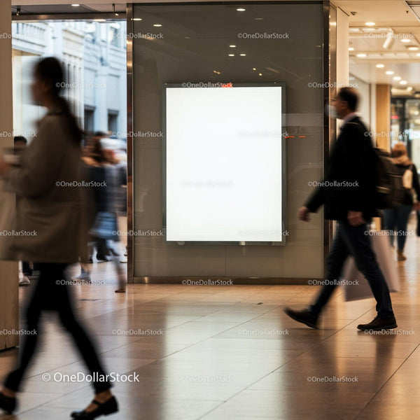 Busy shopping mall corridor with blank advertising board JPG Mockup Image