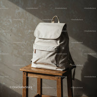 Minimalist light beige backpack on rustic wooden stool