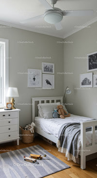 Cozy Kids Bedroom with Wall Art and Plush Toys in Modern Home