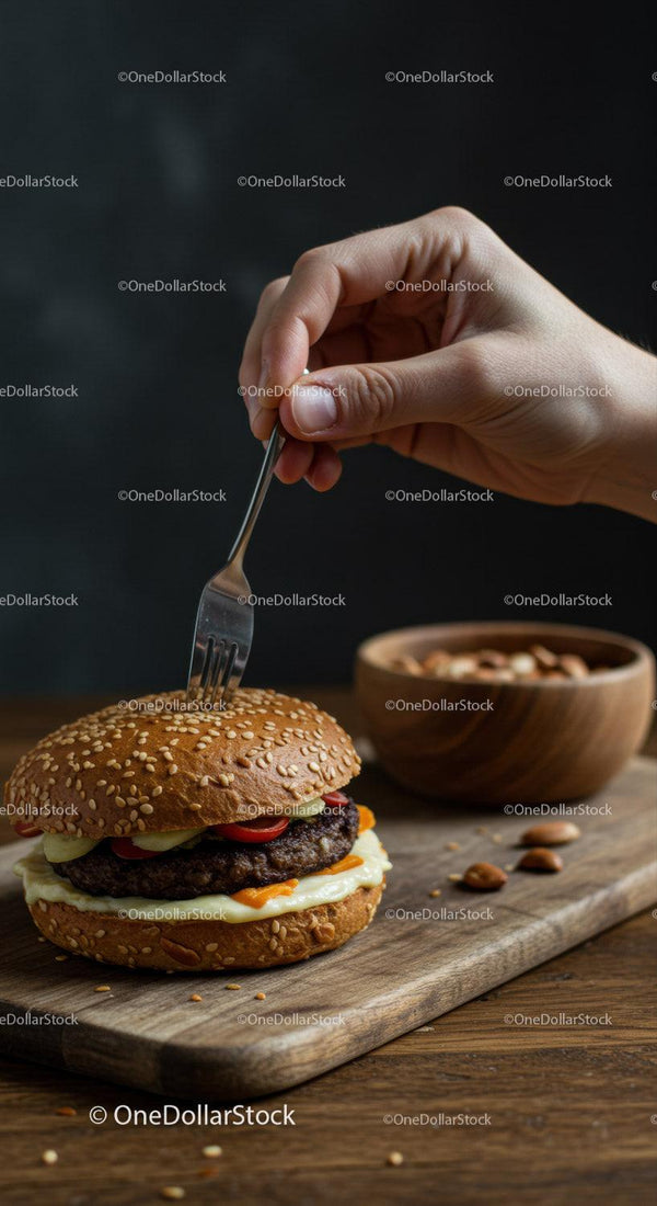 Hand inserting fork into sesame seed burger on wooden board