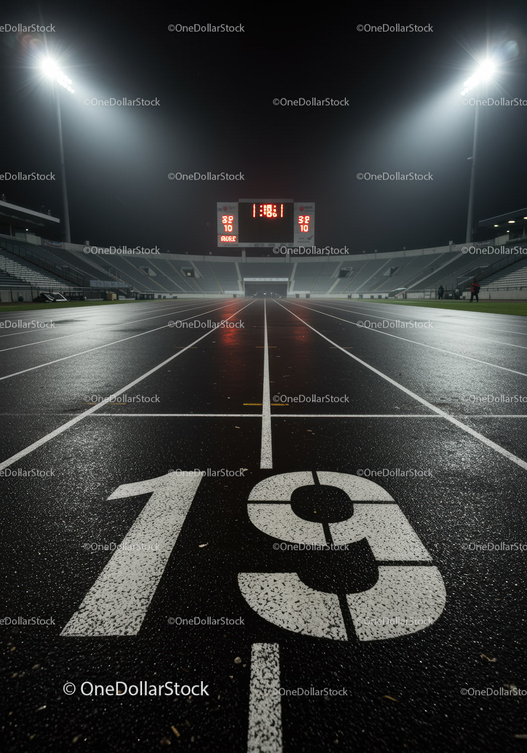 Pusta bieżnia nocą na nowoczesnym stadionie
