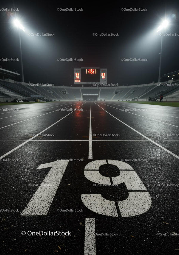 Pusty tor biegowy nocą w nowoczesnym stadionie