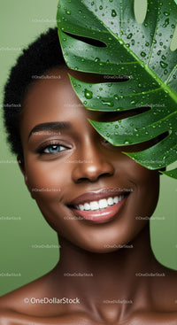 Beautiful Woman Smiling with Tropical Monstera Leaf on Green Background