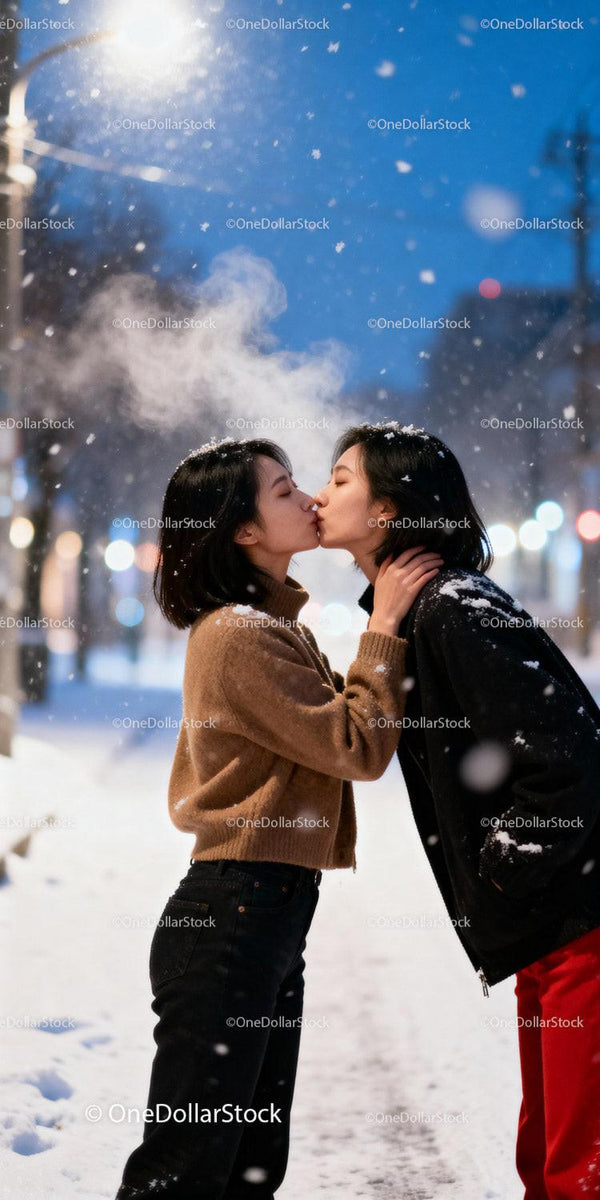 Couple sharing a tender kiss on snowy winter evening