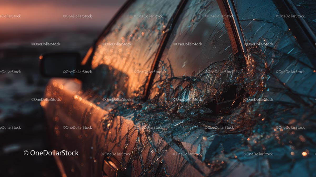 Abandoned Vintage Car with Broken Glass at Sunset