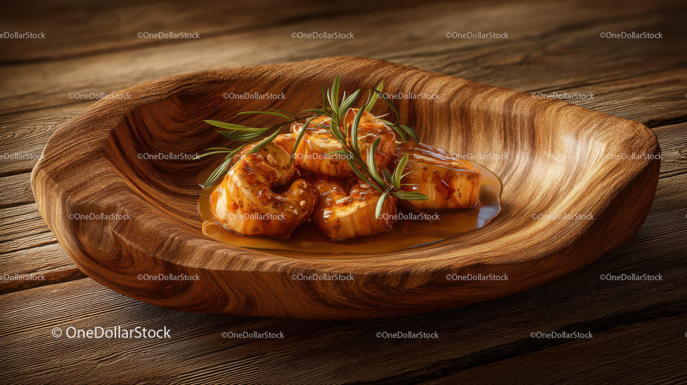 Gourmet Caramelized Scallops on Wooden Plate with Rosemary Garnish