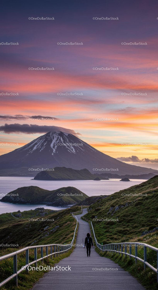 Scenic Mountain Landscape with Pathway and Sunset Sky