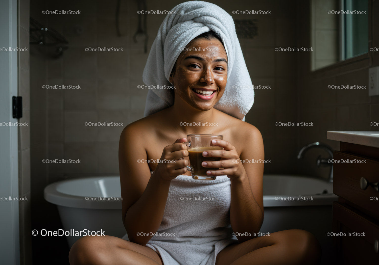 Young Woman with Towel on Head Holding Coffee Mug in Bathroom