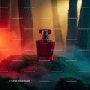 Luxury Red Perfume Bottle in Mystical Forest Scene