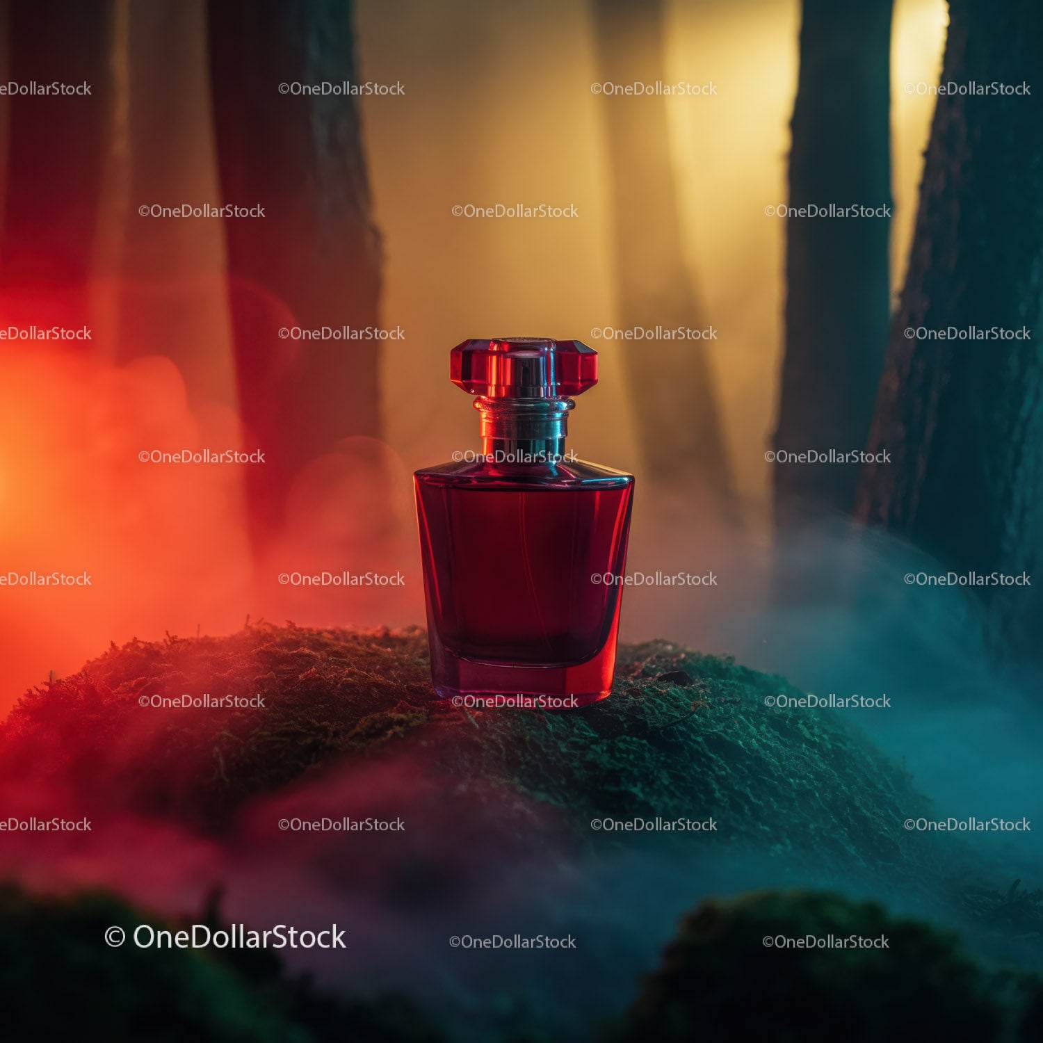 Luxury Red Perfume Bottle in Mystical Forest Scene