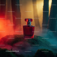 Luxury Red Perfume Bottle in Mystical Forest Scene
