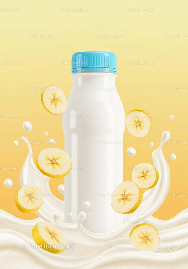 Banana yogurt splash with blue capped bottle JPG Mockup Image