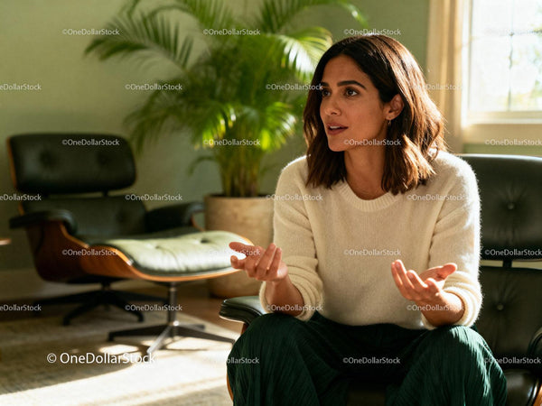 Thoughtful woman sharing ideas in sunlit room
