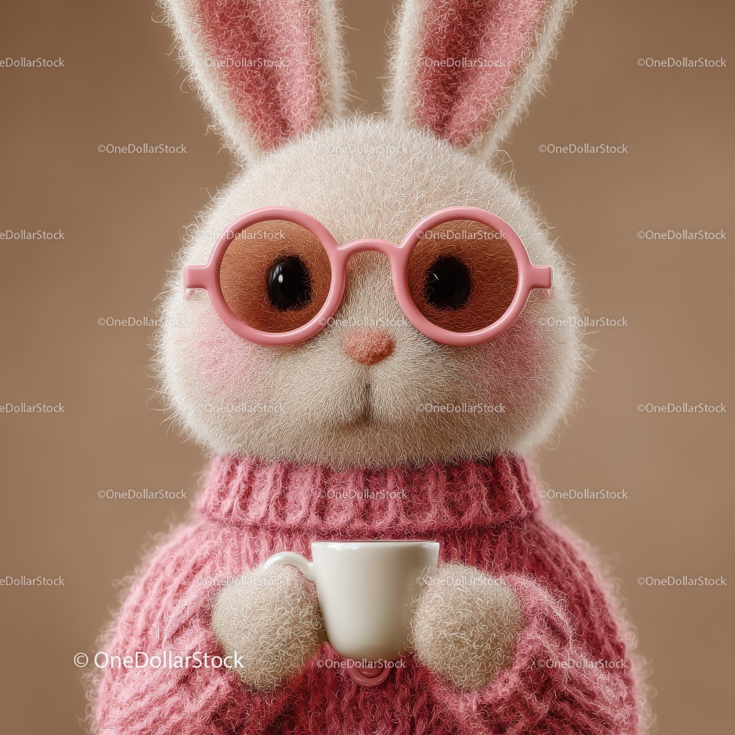 Cute Bunny Wearing Sunglasses and Cozy Pink Sweater Holding Coffee Mug