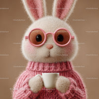 Cute Bunny Wearing Sunglasses and Cozy Pink Sweater Holding Coffee Mug