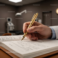 Elegant Hand Writing in Notebook with Gold Pen on Business Desk