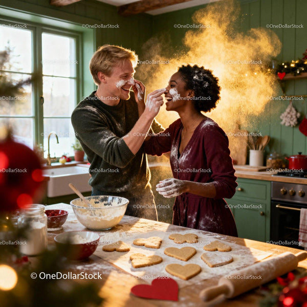 Couple Playfully Baking Heart Cookies in Cozy Kitchen