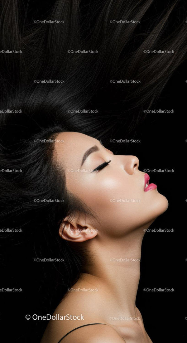 Serene Woman with Closed Eyes and Flowing Black Hair